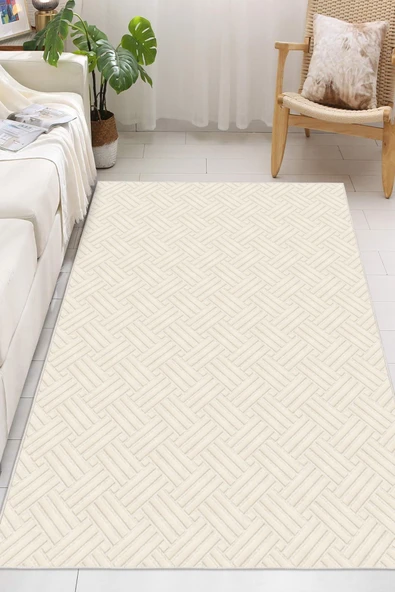 Minimalist İskandinav Geometrik Çizgili Dijital Baskılı Yıkanabilir Kaymaz Taban Salon Halısı Yolluk 50 x 60 cm Krem