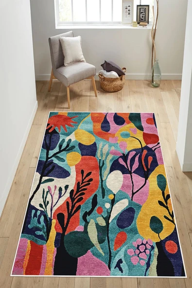 Modern Soyut Desenli Renkli Janjanlı Dijital Baskılı Yıkanabilir Kaymaz Taban Salon Halısı Yolluk 120 x 200 cm Çok Renkli ürün görseli 1
