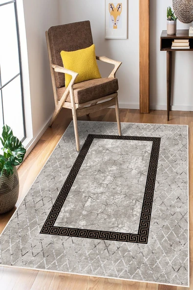 Siyah Grek Desenli Baklava Dilimli Dijital Baskılı Yıkanabilir Kaymaz Taban Salon Halısı Yolluk 200 x 400 cm Çok Renkli ürün görseli 1