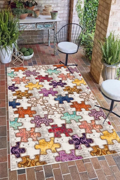 Modern Puzzle Patchwork Tasarımlı Dijital Baskılı Yıkanabilir Kaymaz Taban Salon Halısı Yolluk 80 x 300 cm Çok Renkli ürün görseli 1