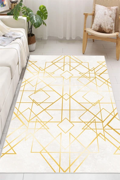 Art Deco Geometrik Çizgili Gold Krem Dijital Baskılı Yıkanabilir Kaymaz Taban Salon Halısı Yolluk 100 x 200 cm Bej ürün görseli 1