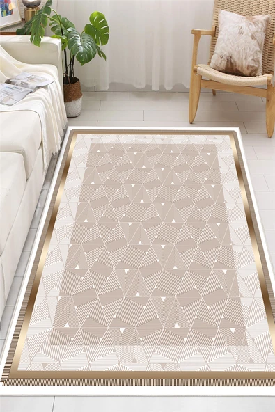 Modern Üçgen Geometrik Desenli Vizon Dijital Baskılı Yıkanabilir Kaymaz Taban Salon Halısı Yolluk 80 x 400 cm Bej ürün görseli 1