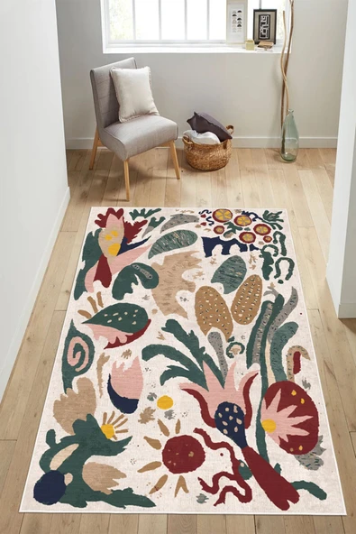 Modern Çiçekli Soyut Sanat Tasarımlı Dijital Baskılı Yıkanabilir Kaymaz Taban Salon Halısı Yolluk 120 x 180 cm Çok Renkli ürün görseli 1