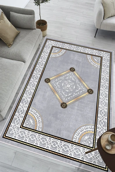Lüks Gri Grek Desenli Saray Tasarım Dijital Baskılı Yıkanabilir Kaymaz Taban Salon Halısı Yolluk 100 x 200 cm Gri ürün görseli 1