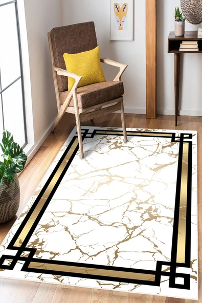 Çerçeveli Baskılı Kaymaz Yıkanabilir Salon Oturma Odası Mutfak Antre Hol Halısı Yolluk 160 x 230 cm Gold ürün görseli 1