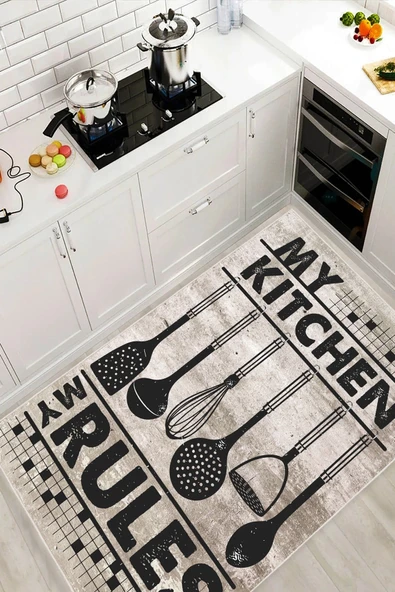 Mutfak Temalı Baskılı Yıkanabilir Kaymaz Taban Mutfak Halısı 120 x 180 cm Bej ürün görseli 1