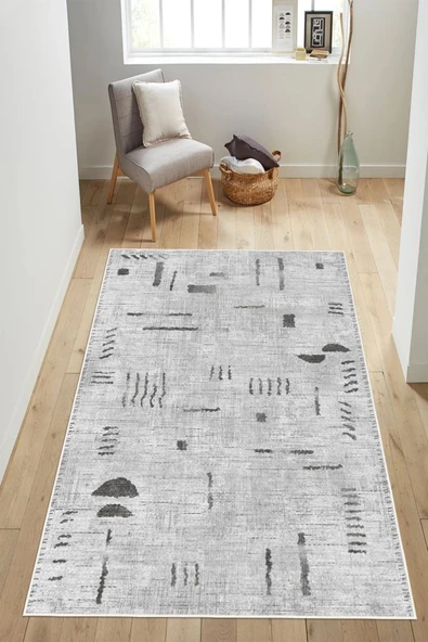 Modern Etnik Modern Çizgi Desenli Krem Dijital Baskılı Yıkanabilir Kaymaz Taban Salon Halısı Yolluk 50 x 60 cm Gri ürün görseli 1