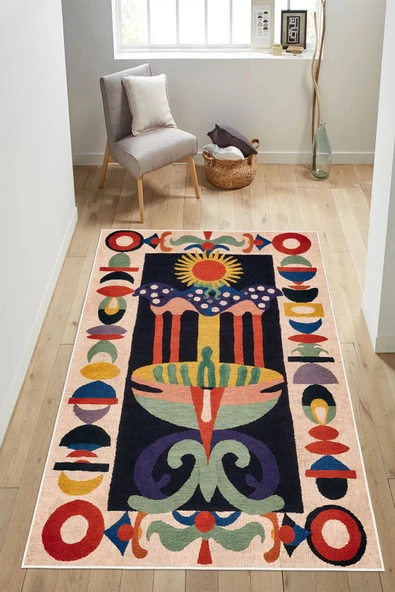 Bohem Tarzı Soft Gökkuşağı Desenli Dijital Baskılı Yıkanabilir Kaymaz Taban Salon Halısı Yolluk 100 x 400 cm Çok Renkli ürün görseli 1