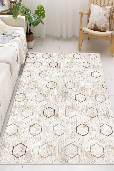 Modern Baskılı Kaymaz Yıkanabilir Salon Oturma Odası Mutfak Antre Hol Halısı Yolluk 160 x 230 cm Bej ürün görseli 1