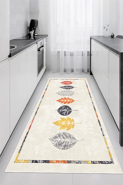 Yaprak Desenli Baskılı Kaymaz Yıkanabilir Mutfak Balkon Salon Halısı Yolluk 80 x 400 cm Bej ürün görseli 1