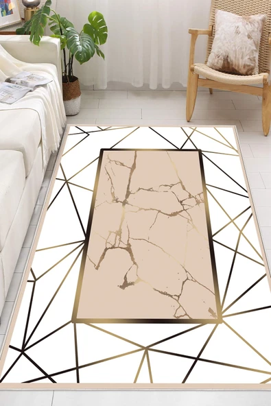 Geometrik Çizgili Gold Mermer Desenli Dijital Baskılı Yıkanabilir Kaymaz Taban Salon Halısı Yolluk 80 x 300 cm Çok Renkli ürün görseli 1