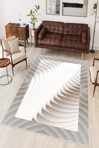 Dalga Desenli Bej Baskılı Kaymaz Yıkanabilir Salon Oturma Odası Mutfak Antre Halısı Yolluk 80 x 300 cm Bej ürün görseli 1