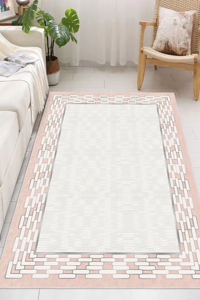Çerçeveli Modern Kaymaz Taban Makinede Yıkanabilir Halı Oturma Odası Salon Halı Koridor Halı 200 x 350 cm Pudra Pembe ürün görseli 1