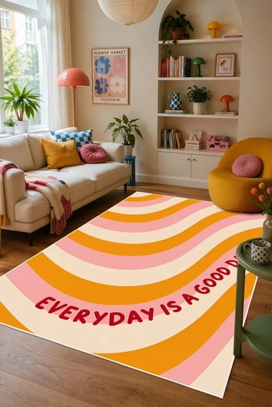 Renkli Pinterest Temalı Mottolu Baskılı Kaymaz Yıkanabilir Salon Oturma Odası Mutfak Halısı Yolluk 100 x 300 cm Çok Renkli ürün görseli 1