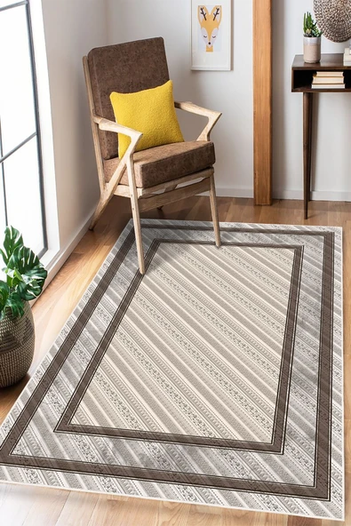 Çerçeve Desenli Bej Baskılı Kaymaz Yıkanabilir Salon Oturma Odası Mutfak Halısı Yolluk 80 x 200 cm Bej ürün görseli 1