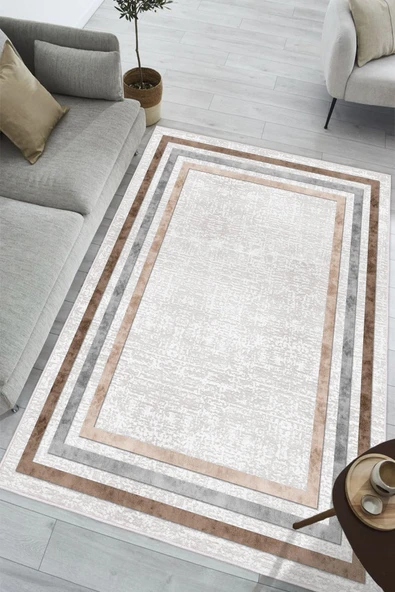 Modern Dijital Baskılı Halı Makinede Yıkanabilir Kaymaz Taban Oturma Odası Salon ve Yolluk halı 80 x 400 cm Kahverengi ürün görseli 1