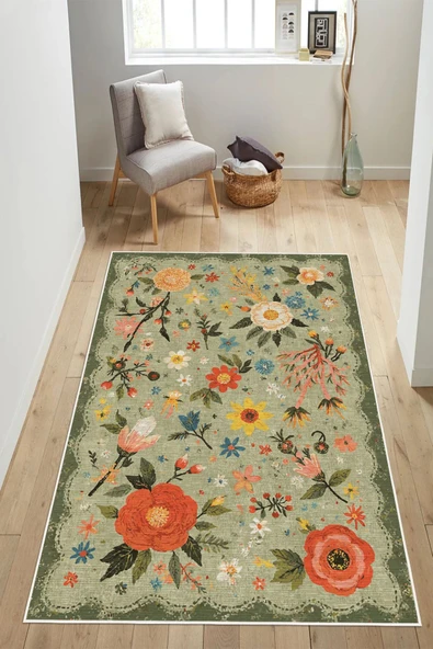 Floral Desen Baskılı Kaymaz Yıkanabilir Salon Oturma Odası Mutfak Antre Halısı Yolluk 100 x 300 cm Yeşil ürün görseli 1