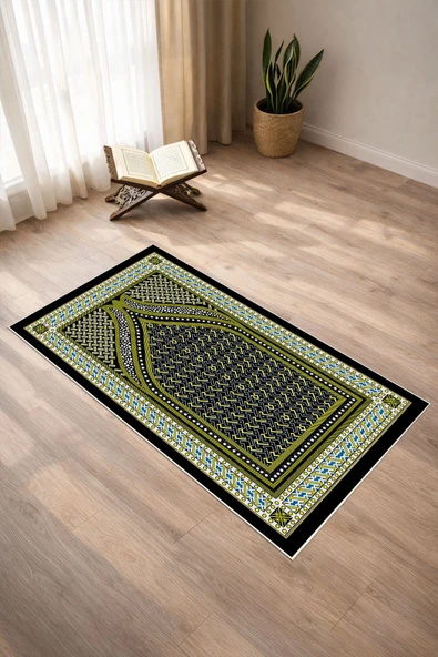 Klasik Mihrap Desenli Dijital Baskılı Kaymaz Taban Yıkanabilir Namazlık Seccade Tek Ebat Siyah ürün görseli 1