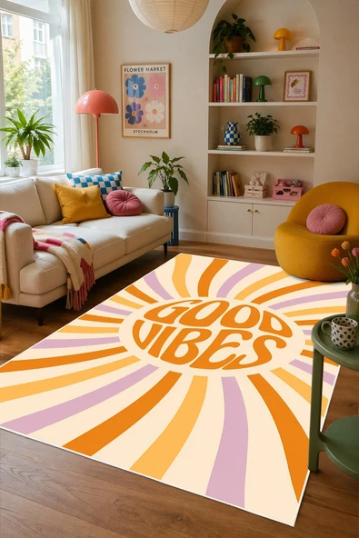 Good Vibes Yazılı Pinterest Desen Baskılı Kaymaz Yıkanabilir Salon Oturma Odası Mutfak Halısı Yolluk 200 x 300 cm Çok Renkli ürün görseli 1