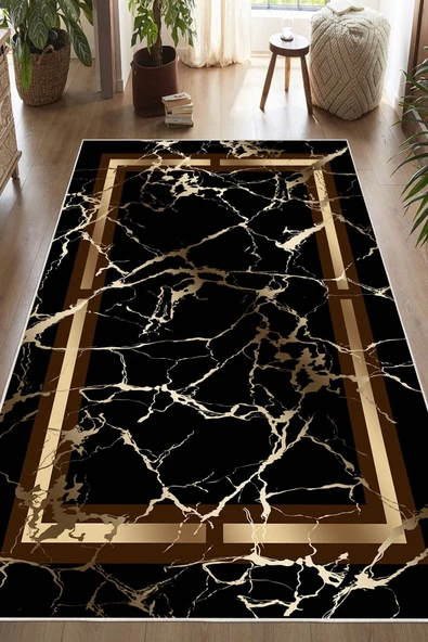 Siyah Mermer Desenli Çerçeveli Baskılı Yıkanabilir Kaymaz Salon Oturma Odası Hol Antre Mutfak Halısı Yolluk 180 x 300 cm Gri ürün görseli 1