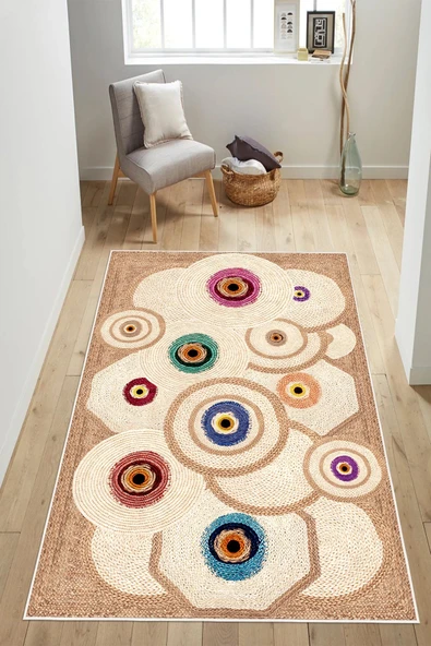 Jüt Görünümlü Desenli Baskılı Kaymaz Yıkanabilir Salon Oturma Odası Mutfak Balkon Halısı Yolluk 200 x 400 cm Bej ürün görseli 1