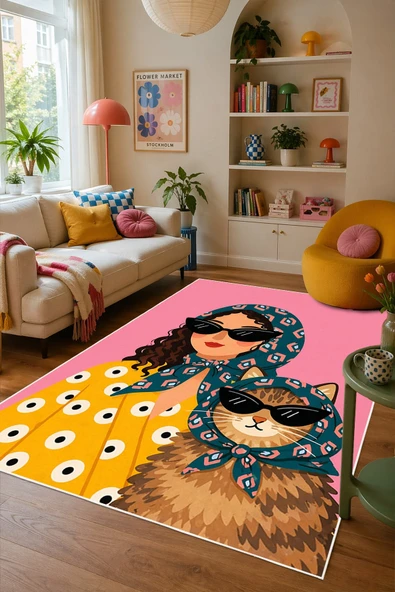 İkonik Kadın ve Kedi Desenli Baskılı Kaymaz Yıkanabilir Salon Oturma Odası Mutfak Balkon Halısı Yolluk 120 x 200 cm Çok Renkli ürün görseli 1