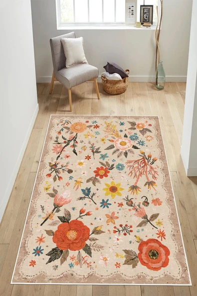 Floral Desen Baskılı Kaymaz Yıkanabilir Salon Oturma Odası Mutfak Antre Halısı Yolluk 80 x 300 cm Bej ürün görseli 1