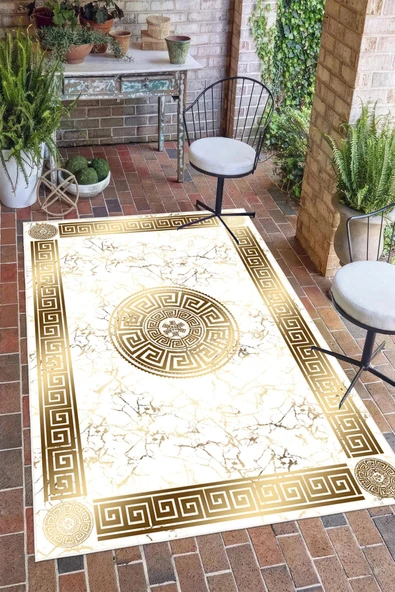 Çerçeveli Klasik Mermer Desen Baskılı Kaymaz Yıkanabilir Salon Oturma Odası Antre Halısı Yolluk 200 x 400 cm Gold ürün görseli 1