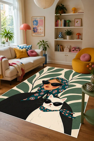 İkonik Kadın ve Kedi Figürlü Baskılı Kaymaz Yıkanabilir Salon Oturma Odası Mutfak Balkon Halısı Yolluk 100 x 200 cm Çok Renkli ürün görseli 1