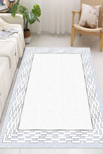 Çerçeveli Modern Kaymaz Taban Makinede Yıkanabilir Halı Oturma Odası Salon Halı Koridor Halı 200 x 400 cm Buz Mavi ürün görseli 1
