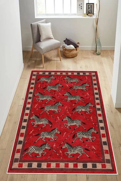 Zebra Desen Kırmızı Baskılı Kaymaz Yıkanabilir Salon Oturma Odası Mutfak Halısı Yolluk 200 x 250 cm Kırmızı ürün görseli 1