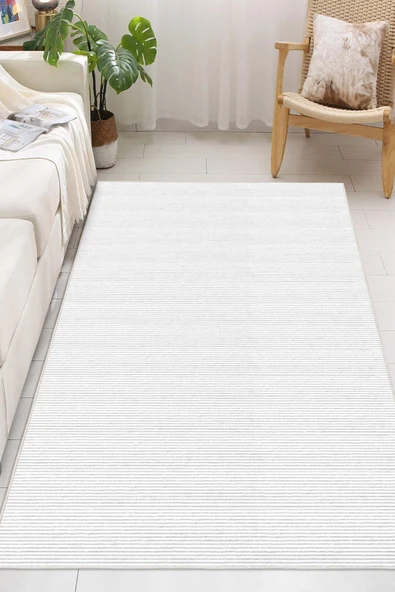 Modern Minimalist Yatay Çizgili Beyaz Dijital Baskılı Yıkanabilir Kaymaz Taban Salon Halısı Yolluk 100 x 150 cm Beyaz ürün görseli 1