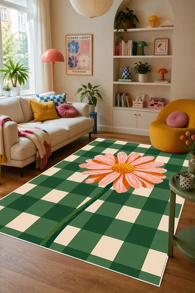 Pinterest Çiçek Desenli Baskılı Kaymaz Yıkanabilir Salon Oturma Odası Mutfak Balkon Halısı Yolluk 200 x 400 cm Yeşil ürün görseli 1