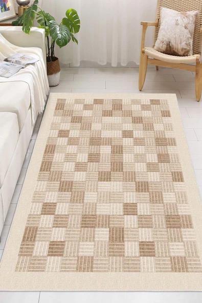 Modern Bej Desenli Baskılı Kaymaz Yıkanabilir Salon Oturma Odası Mutfak Antre Halısı Yolluk 80 x 400 cm Bej ürün görseli 1