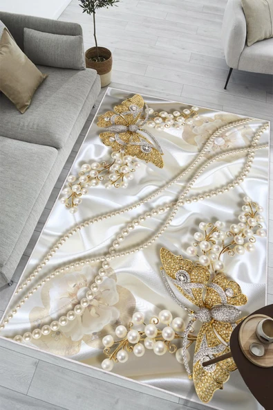 İnci ve Kelebek Desenli Baskılı Kaymaz Yıkanabilir Salon Oturma Odası Mutfak Halısı Yolluk 200 x 400 cm Gold ürün görseli 1