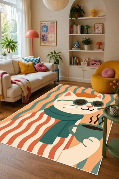Pinterest Kedi Figürlü Baskılı Kaymaz Yıkanabilir Salon Oturma Odası Mutfak Balkon Halısı Yolluk 120 x 200 cm Çok Renkli ürün görseli 1