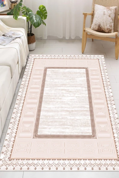 Çerçeveli Klasik Desen Baskılı Kaymaz Yıkanabilir Salon Oturma Odası Mutfak Halısı Yolluk 50 x 60 cm Krem