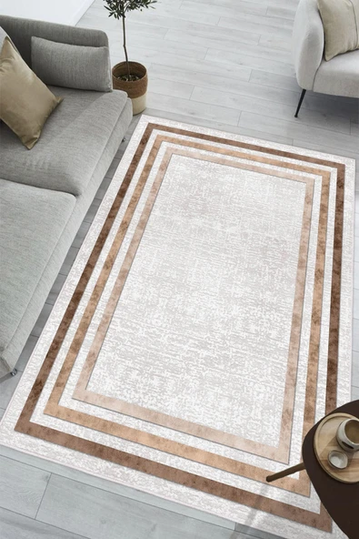 Modern Dijital Baskılı Halı Makinede Yıkanabilir Kaymaz Taban Oturma Odası Salon ve Yolluk halı 80 x 300 cm Bej ürün görseli 1