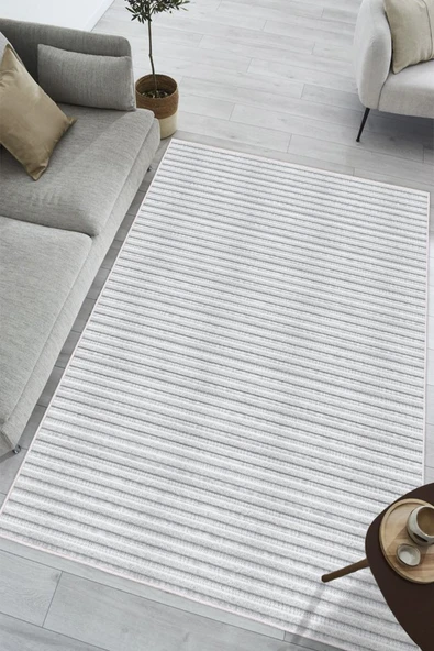 Minimalist İnce Yatay Çizgili Gri Dijital Baskılı Yıkanabilir Kaymaz Taban Salon Halısı Yolluk 80 x 200 cm Gri ürün görseli 1