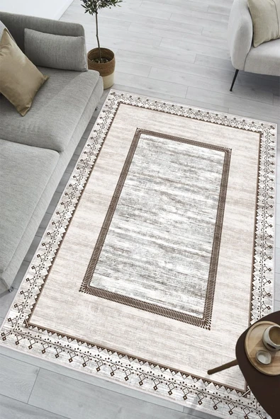 Çerçeveli Klasik Desen Baskılı Kaymaz Yıkanabilir Salon Oturma Odası Mutfak Halısı Yolluk 160 x 230 cm Gri ürün görseli 1