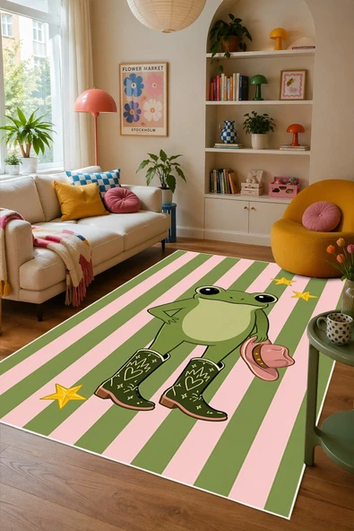 Pinterest Kurbağa Desen Baskılı Kaymaz Yıkanabilir Salon Oturma Odası Mutfak Balkon Halısı Yolluk 120 x 200 cm Yeşil ürün görseli 1