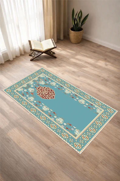 Klasik Desen Baskılı Kaymaz Taban Yıkanabilir Seccade Tek Ebat Mavi ürün görseli 1