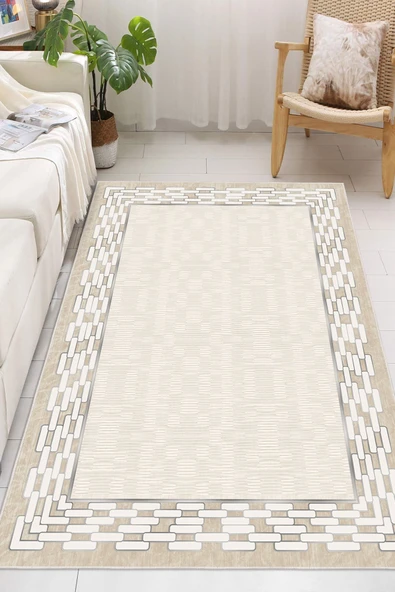 Çerçeveli Modern Kaymaz Taban Makinede Yıkanabilir Halı Oturma Odası Salon Halı Koridor Halı 80 x 300 cm Krem ürün görseli 1