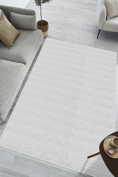 Modern Minimalist Yatay Çizgili Beyaz Dijital Baskılı Yıkanabilir Kaymaz Taban Salon Halısı Yolluk 50 x 60 cm Gri ürün görseli 1