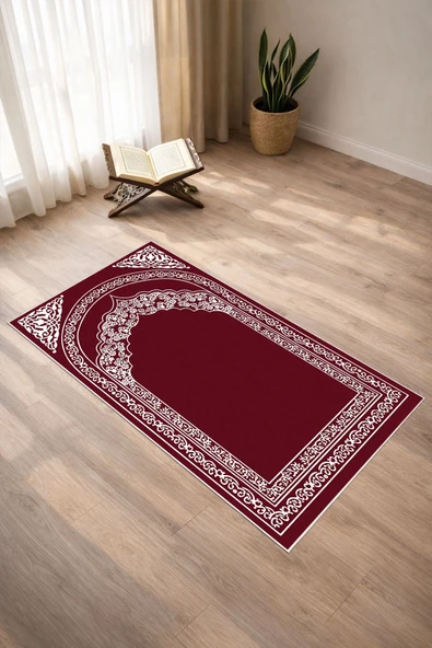 Mihrap Desenli Dijital Baskılı Kaymaz Taban Yıkanabilir Seccade Tek Ebat Bordo ürün görseli 1