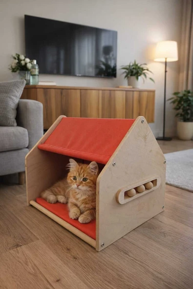 Ahşap Kedi Evi –Renkli Kumaş - Modern İç Mekan Kedi Yuvası - ürün görseli 1