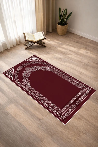 Klasik Desen Dijital Baskılı Kaymaz Yıkanabilir Bordo Seccade Tek Ebat Bordo ürün görseli 1