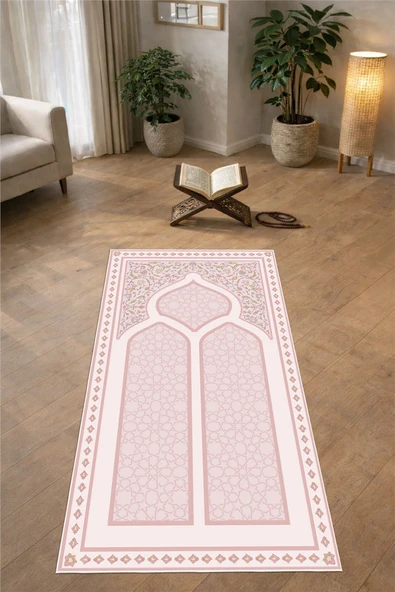 Klasik Desenli Baskılı Kaymaz Taban Yıkanabilir Pembe Seccade Tek Ebat Pembe ürün görseli 1