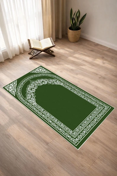 Mihrap Desenli Dijital Baskılı Kaymaz Taban Yıkanabilir Seccade Tek Ebat Yeşil ürün görseli 1