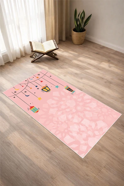 Pembe Ramazan Temalı Dijital Baskılı Kaymaz Yıkanabilir Çocuk Seccadesi Tek Ebat Pembe ürün görseli 1